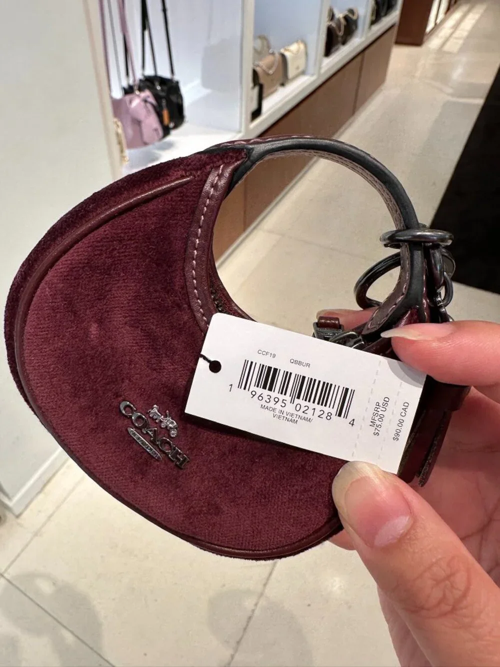 NWT! Coach CCF19 Mini Carmen Bag Charm Gunmetal/Burgundy Velvet/Smooth Leather - Picture 9 of 9